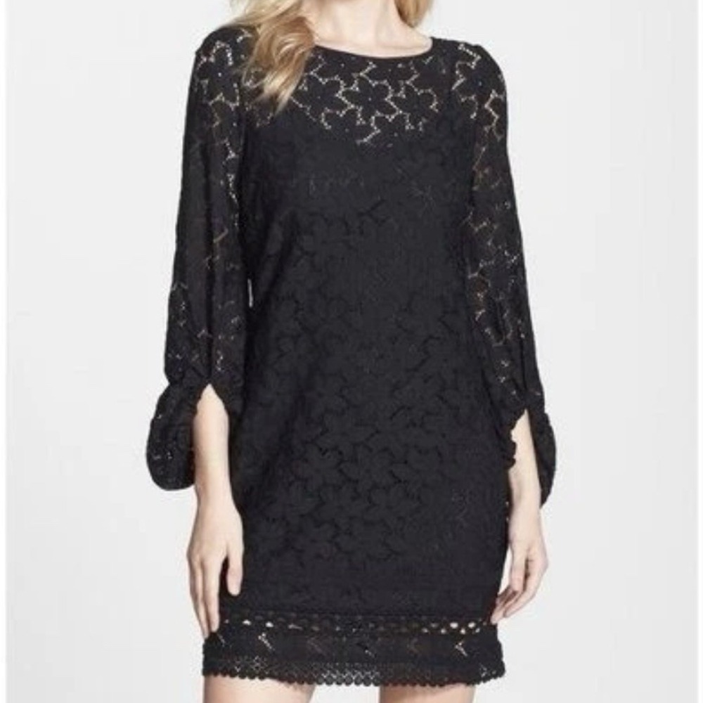 Laundry By Shelli Segal Black Floral Lace Dress 3/4 Ruched Sleeve 12 Scallop Hem